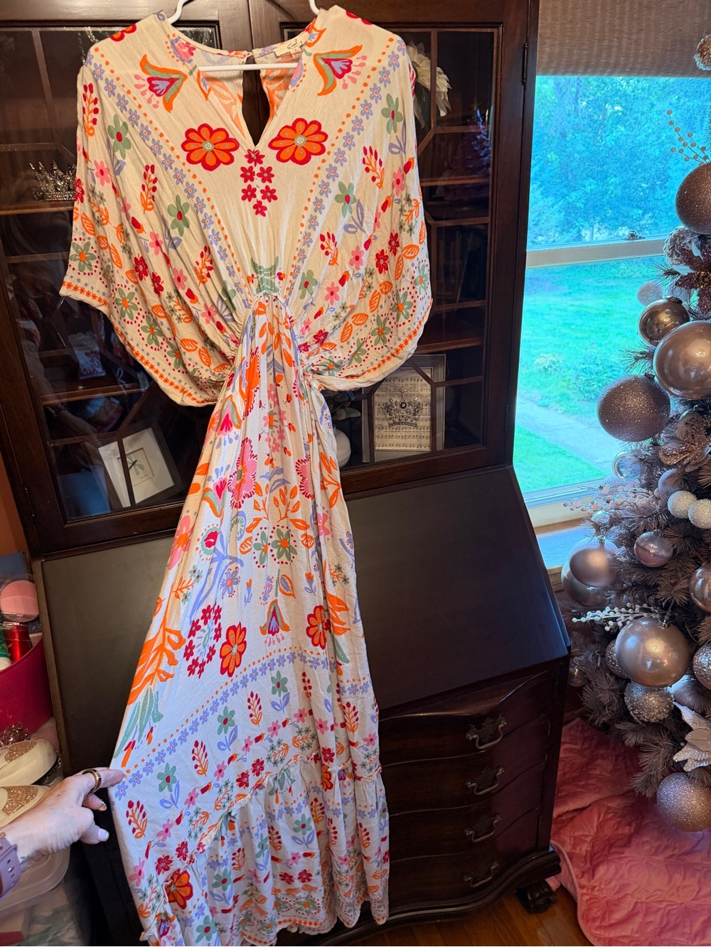 easel White Maxi Dress with Orange & Red Floral Print